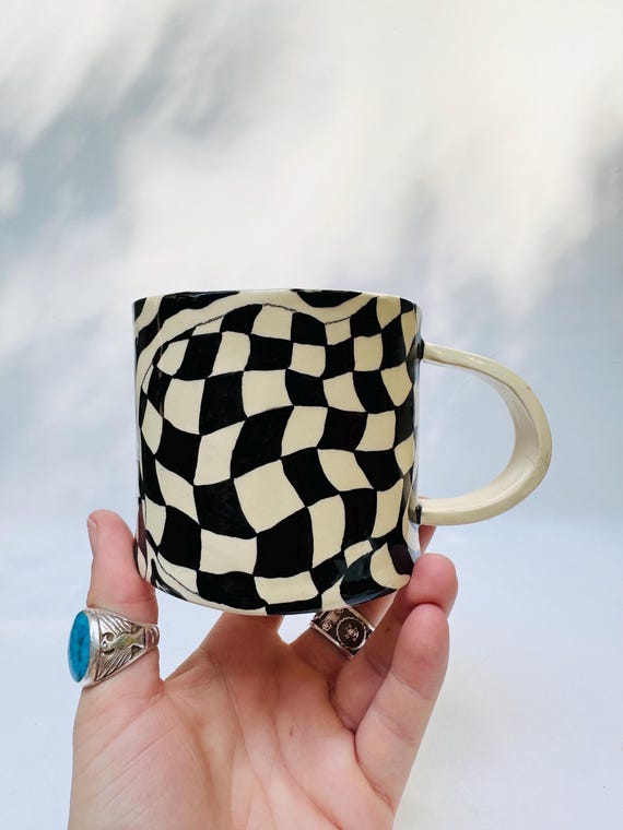 Handmade Ceramic Black & Cream Trippy Checkerboard Mug