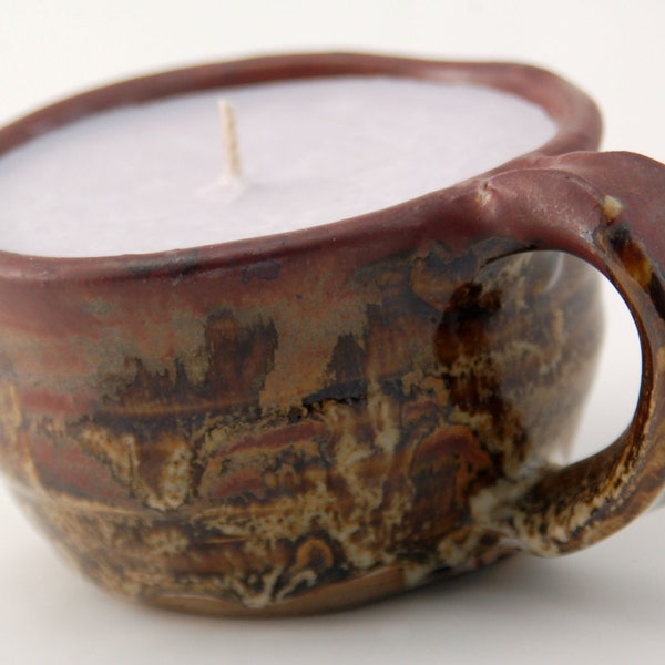 Tea Cup Candle Lavender Scented Soy Wax Mauve and Brown Handmade Pottery Soy Candle Mug