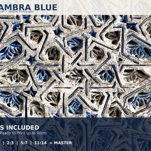 Islamic Geometric Tile Digital Print | Alhambra Blue Star Relief Texture | Moorish Wall Art | Downloadable Nasrid Pattern Photography