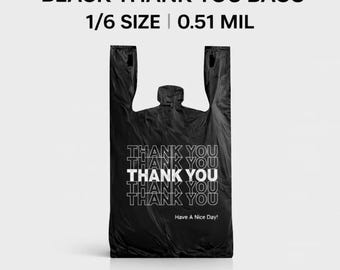 Black Thank You T-Shirt Bags, 1/6 Size Plastic Grocery Bags (350 pcs)