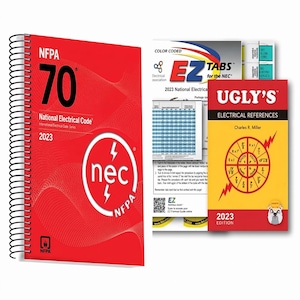 May include: A spiral-bound 2023 NFPA 70 National Electrical Code book with a red cover, a set of color-coded EZ Tabs for the NEC, and a yellow and red Ugly's Electrical References 2023 edition book featuring a circular electrical formula diagram.