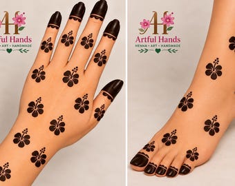 May include: A hand and a foot decorated with dark brown henna hibiscus flower patterns. The fingertips and toes are covered in solid dark brown henna. The logo Artful Hands HENNA ART HANDMADE with pink flowers is visible in the top corner.