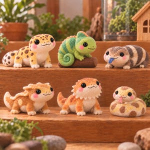May include: A collection of six needle-felted lizard and snake figurines arranged on wooden steps. The set includes a spotted leopard gecko, a green chameleon, a striped lizard with a blue tongue, a horned lizard, a bearded dragon, and a coiled snake.