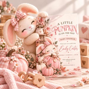 Puede incluir: Una tarjeta de invitación para baby shower con un conejo de dibujos animados con un lazo de cuadros vichy rosa, calabazas rosas y detalles florales. El texto dice: A LITTLE PUMPKIN IS ON THE WAY, BABY SHOWER, Emily Carter, SATURDAY OCTOBER 24 2:00 PM.