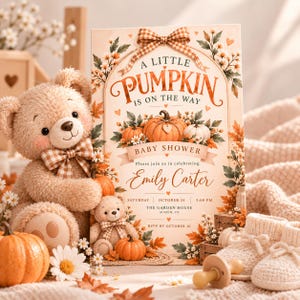 Puede incluir: Un oso de peluche beige con pajarita de cuadros está junto a una invitación de baby shower con calabazas, hojas de otoño y el texto A LITTLE PUMPKIN IS ON THE WAY. También se ven un oso pequeño, una calabaza y unos patucos de bebé.