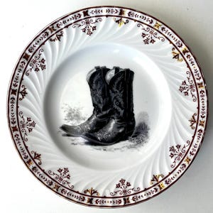 Vintage Plate COWBOY BOOTS Altered Art / wild west / cowgirl / western / idaho montana badlands / rodeo / horse / WALL art /