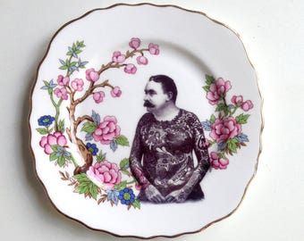 Vintage Victorian Moustache Tattooed Man Plate Altered Art