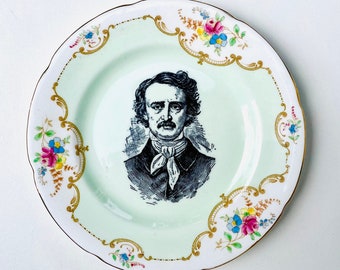 Vintage Edgar Allen Poe Plate Altered Art / spells / halloween / the raven / magic / nevermore / gothic horror