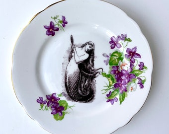 Vintage Victorian Mermaid Plate Altered Art / wall art / wall decor