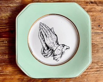 Vintage Praying Hands Plate Altered Art gothic / religious art / wall art decor