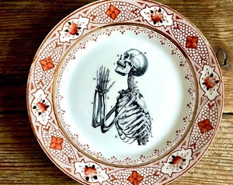 Vintage Anatomical Skeleton Praying Hands Plate Altered Art gothic / wall art decor