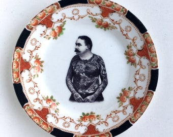 Vintage Victorian Moustache Tattooed Man Plate Altered Art