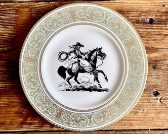 Vintage Plate COWBOY Altered Art / wild west / cowgirl / western / idaho montana badlands / rodeo / horse / WALL art /