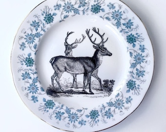 LG Vintage Plate with Victorian Stag Deer Illustration / Altered Art / upcycled / woodland creature / doe fawn stag / highlands / antlers