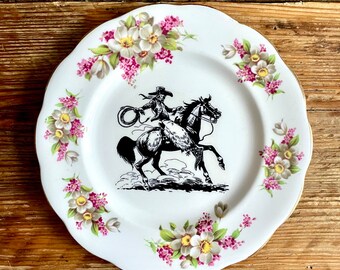 Vintage Plate COWBOY Altered Art / wild west / cowgirl / western / idaho montana badlands / rodeo / horse / WALL art /