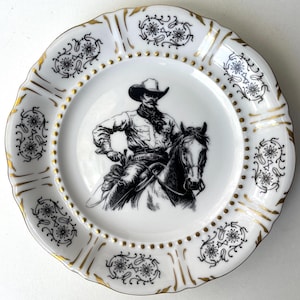 Vintage Plate COWBOY Altered Art / wild west / cowgirl / western / idaho montana badlands / rodeo / horse / WALL art /
