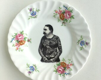 Vintage Victorian Moustache Tattooed Man Plate Altered Art