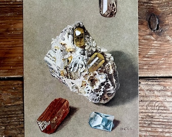 Vintage Illustration Gemstone Mineral Plate Page Print of Tourmaline Quartz Topaz / 1960s / original page / rocks gems stones Crystals