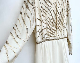 Vintage Chiffon Gown Jack Bryan / Full Length Dress / Prom Cocktail Dress evening / Wedding Dress / beaded / ivory gold / bridal / sparkles