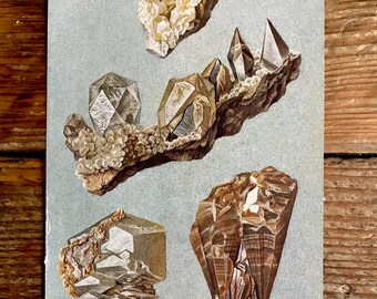 Vintage Gemstone Mineral Plate Page Print of Calcite Crystals / 1960s Illustration / original page / natural history rocks gems stones