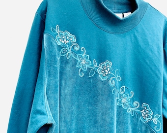 vintage 80s 90s ALFRED DUNNER batwing sweatshirt jumper 44" // turquoise velour/velvet with sparkle detail