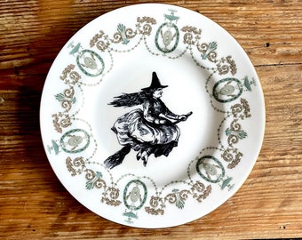 Vintage Witchy Woman witch broomstick Plate Altered Art / spells / halloween / drawlloween / magic / hocus pocus