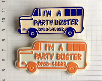 PAIR Vintage badge Party Buster party bus Lapel Pin Brooch / transport / party