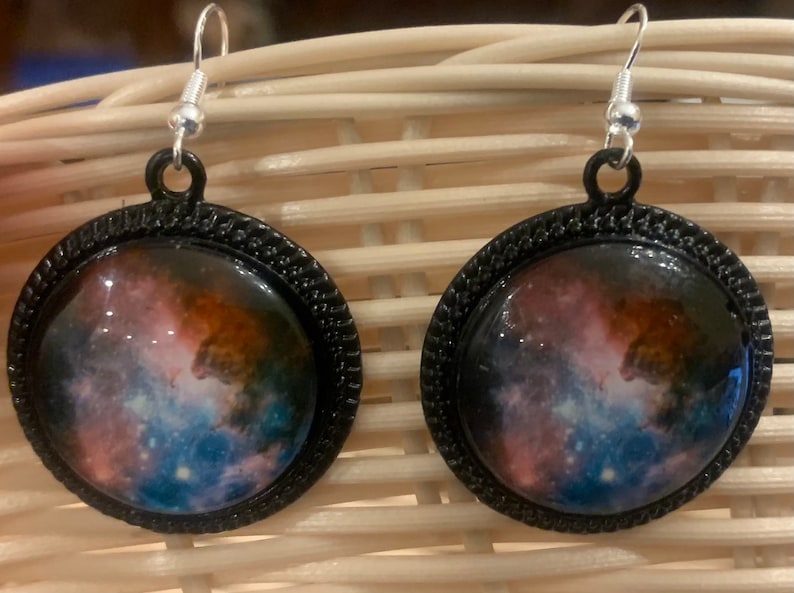 Multi-Color Galaxy Glass Cabochon and Metal Earrings