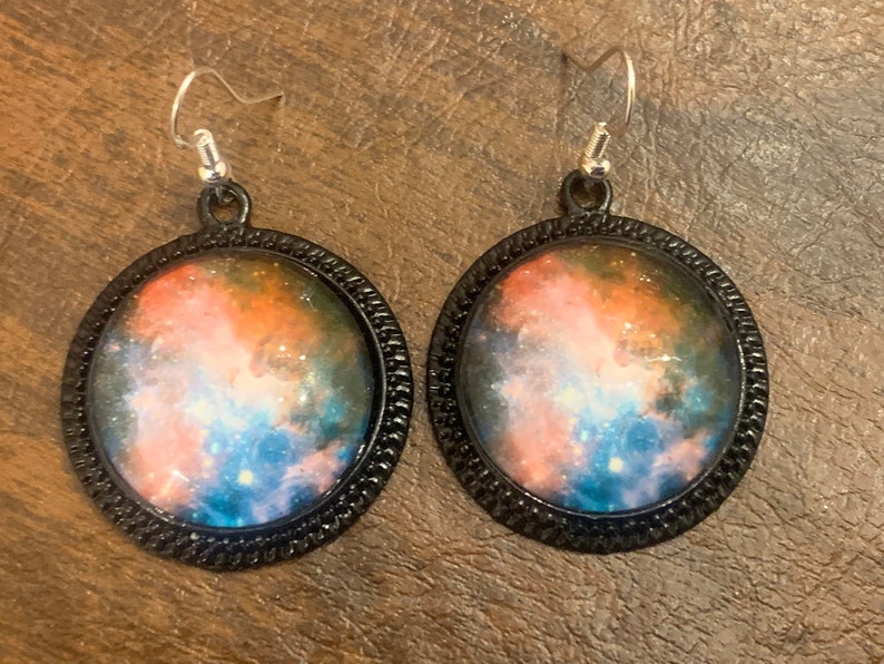 Multi-Color Galaxy Glass Cabochon and Metal Earrings