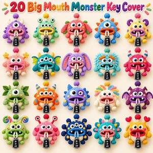 May include: A collection of 20 colorful, crocheted monster key covers, each featuring a wide mouth holding a black car key fob. The monsters vary in color, including purple, green, pink, blue, and yellow, with diverse features like horns, wings, and multiple eyes.