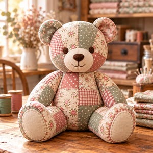 Op de afbeelding: Een patchwork teddybeer gemaakt van diverse stoffen vierkantjes met bloemenpatronen, stippen en ruitjes in tinten oudroze, saliegroen en crème. De beer heeft donkerbruine geborduurde ogen en een bruine neus.