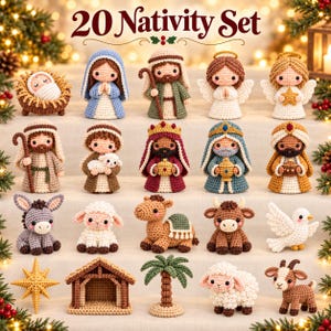 May include: A 20-piece crochet nativity set featuring figures of a baby in a manger, Mary, Joseph, angels, wise men, a donkey, sheep, a camel, a cow, a dove, a star, a stable, a palm tree, and a goat, all with detailed stitching.