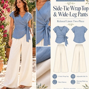 May include: A sewing pattern design for a side-tie wrap top and wide-leg pants. The set includes a blue V-neck wrap top with short sleeves and an adjustable side tie, paired with flowing, cream-colored wide-leg pants in a linen texture.