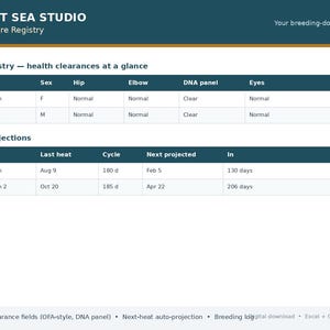 May include: A digital spreadsheet template titled Velvet Sea Studio Dam & Sire Registry. It features tables for dog health clearances including hip, elbow, DNA, and eye status, plus a heat projection table tracking cycles and dates for female dogs.