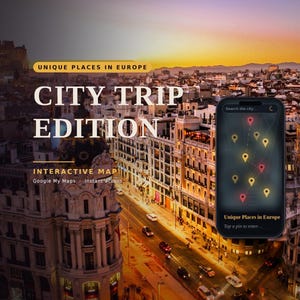 Puede incluir: Un gráfico digital que muestra un teléfono inteligente con un mapa interactivo y marcadores de ubicación rojos y amarillos. El texto dice UNIQUE PLACES IN EUROPE CITY TRIP EDITION INTERACTIVE MAP Google My Maps Instant Access.
