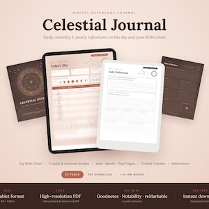 May include: A digital astrology journal displayed on two tablets, featuring pages titled Celestial Journal, Today's Sky, and Daily Reflection. The layout includes sections for birth charts, moon phases, and yearly reviews in a brown and cream color palette.