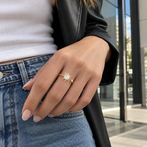 Silver Sun Ring, Open Celestial Ring with Pearlescent Center, Minimalist Statement Jewelry Gift for Her