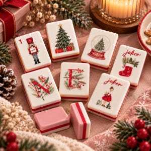 Op de afbeelding: Een set witte rechthoekige mahjongtegels met kerstthema-illustraties, waaronder een notenkraker, een versierde boom, een sneeuwbol, een kerstsok, hulstbladeren en een persoon in een rode jurk, waarbij sommige tegels zijn gelabeld als joker.