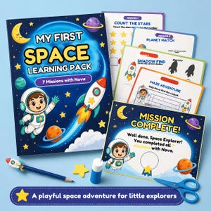 May include: A My First Space Learning Pack set featuring a book titled 7 Missions with Nova, multiple activity sheets with space-themed tasks, a rocket-topped pencil, a glue stick, and blue scissors, all decorated with stars, planets, and an astronaut.