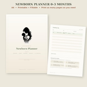 Könnte beinhalten: Ein druckbarer A4-Neugeborenenplaner mit einem Deckblatt, das eine schwarze Silhouette eines Elternteils mit Baby und den Text Newborn Planner zeigt. Die zweite Seite ist ein Fütterungsprotokoll mit Abschnitten für Zeit, Brust oder Flasche.