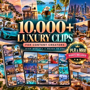 May include: A digital collection of 10,000+ luxury clips for content creators featuring high-quality video previews of private jets, yachts, exotic cars, tropical resorts, and city skylines displayed on a smartphone and tablet screen.