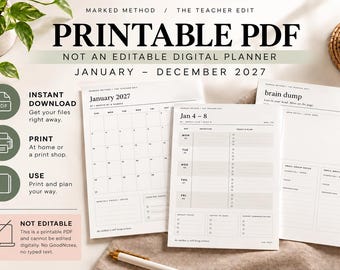 May include: A printable PDF teacher planner for January to December 2027. The set includes a monthly calendar page, a weekly plan page for January 4-8, and a brain dump page. All pages feature black text on white paper with a clean layout.