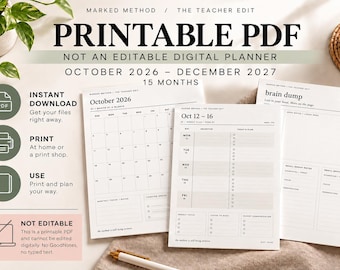 May include: A printable PDF teacher planner featuring a 15-month calendar from October 2026 to December 2027. The set includes monthly and weekly planning pages with sections for objectives, daily plans, and notes, all in a clean black and white layout.