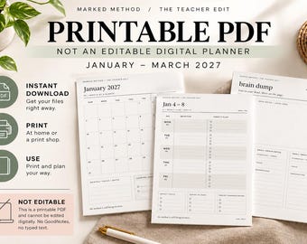 May include: A printable PDF teacher planner for January to March 2027, featuring a monthly calendar, weekly lesson plan pages, and a brain dump section. The documents are black and white with clear headings, grid layouts, and checkboxes for organisation.