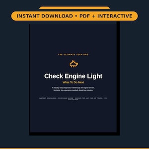 以下が含まれることがあります： The Ultimate Tech Bro Check Engine Light What To Do Nextというタイトルのダークブルーのデジタルガイド。オレンジ色のエンジンアイコン、ドライバー向けの段階的な診断手順を説明するテキスト、1996年以降のすべての車やトラックに対応しているという注記が含まれています。