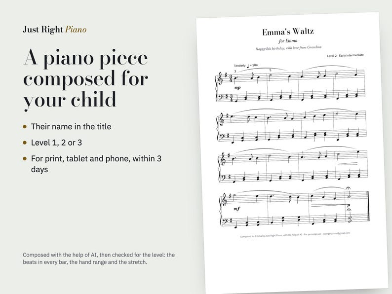Puede incluir: Un documento de partitura digital titulado Emma's Waltz for Emma, que presenta notaci&oacute;n musical sobre un fondo blanco. El texto incluye Just Right Piano, A piano piece composed for your child, y detalles sobre los niveles de personalizaci&oacute;n.