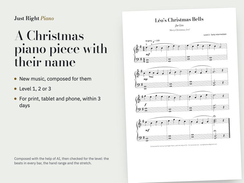 Christmas Piano Sheet Music With Their Name, Personalised, Level 1-3 (PDF) image 1