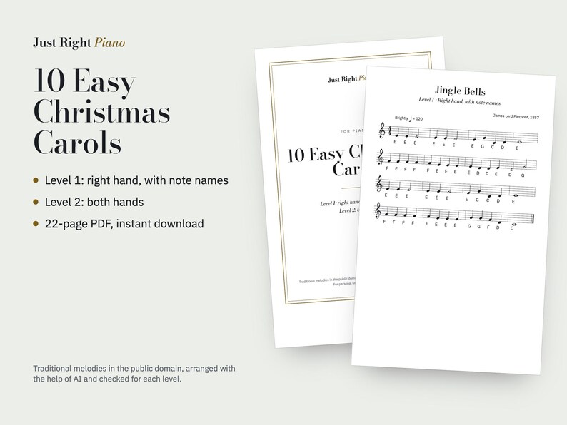 10 Easy Christmas Carols for Piano, Letter Names, Level 1-2 (PDF) image 1