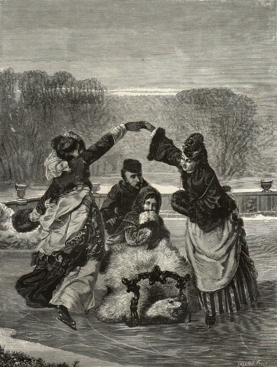 Winter Scene Ice Skating Sled Print Victorian 1870s Antique Etsy