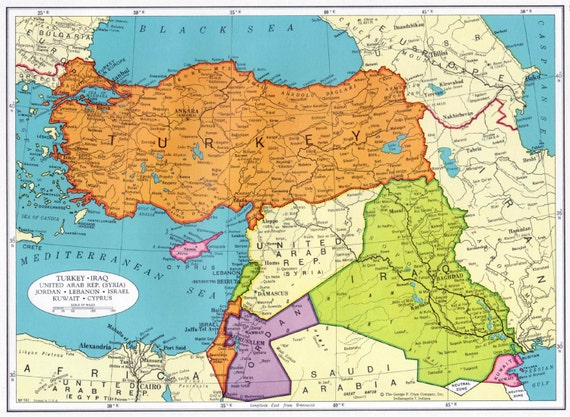 Items similar to TURKEY and Middle East Map 1960s Cram Atlas Iraq Syria ...